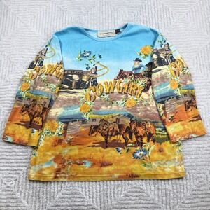 VTG Bit & Bridle Cowgirl Top Womens 1X Western Horse Ranch Sequin AOP Y2K 00's